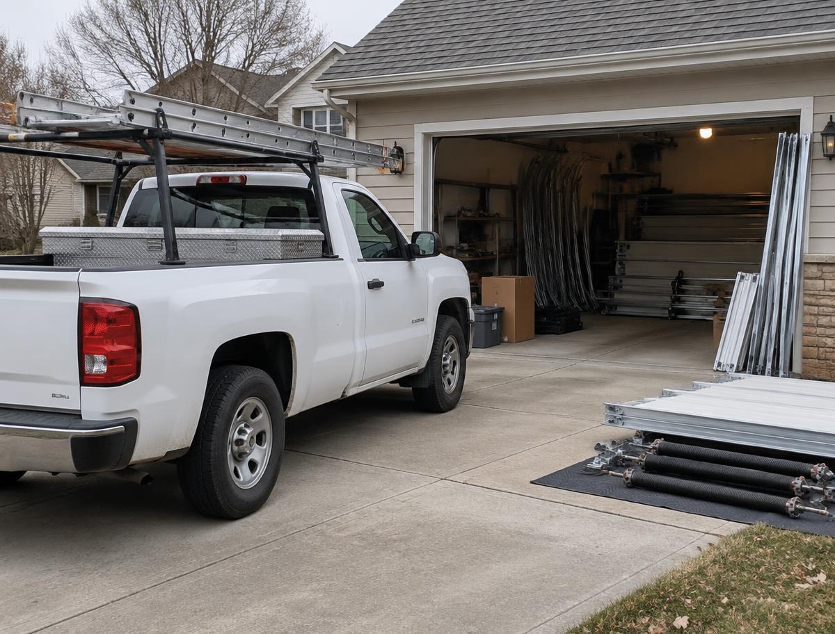 Service truck and garage door sections staged in a driveway before an installation