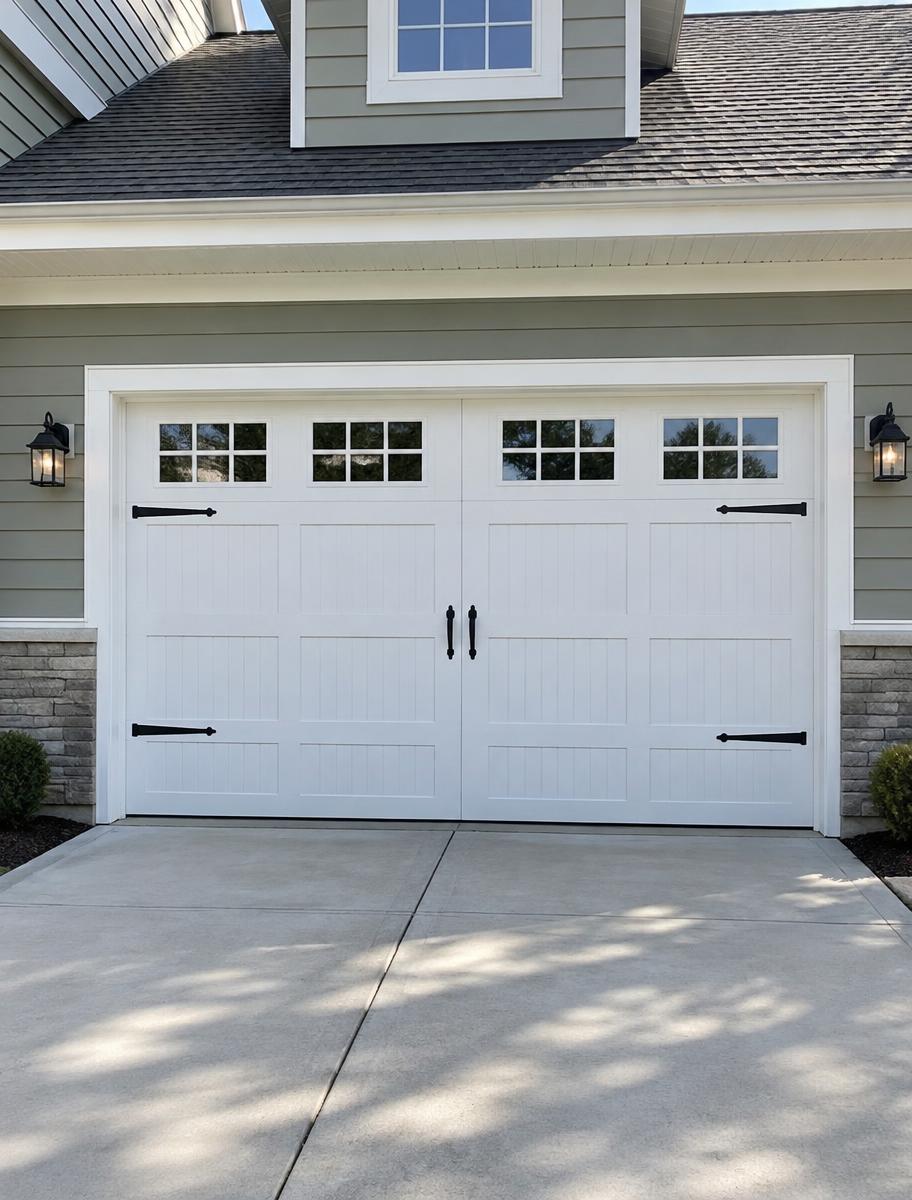 Newly installed white carriage-house garage door on a suburban home