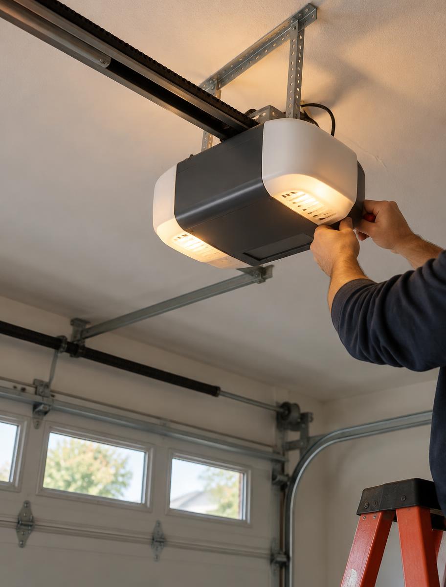 Technician installing a ceiling-mounted garage door opener