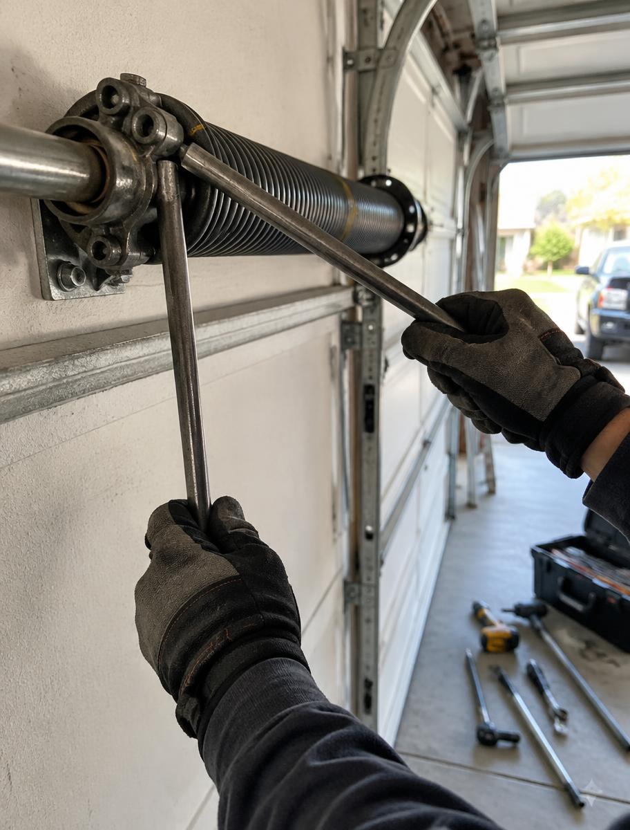 Technician winding a torsion spring on a residential garage door